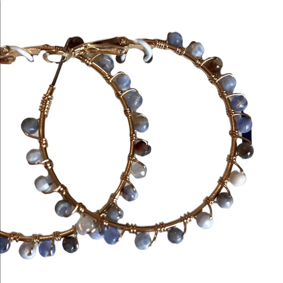 Boho Gold and Blue Stone Hoop Earrings - Picture 4 of 4